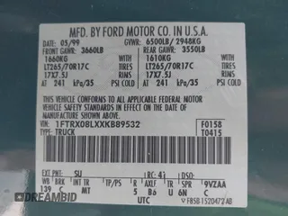 1999 Ford F-150 XL с VIN 1FTRX08LXXKB89532, выставлен на аукционе IAAI как лот 42655127 с пробегом 189 999 миль миль и . История ставок и продаж доступна на DreamBid. Изображение 9.