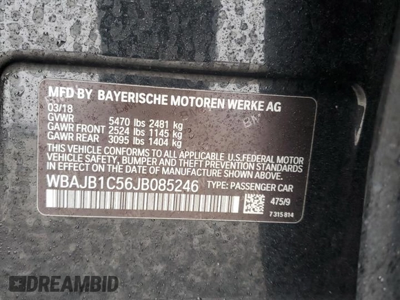 2018 BMW 5 Series 530e xDrive with VIN WBAJB1C56JB085246, listed as a Copart auction lot 43866375 with Not Provided miles and Salvage Title. Bid and sale history available at DreamBid. Image 12.