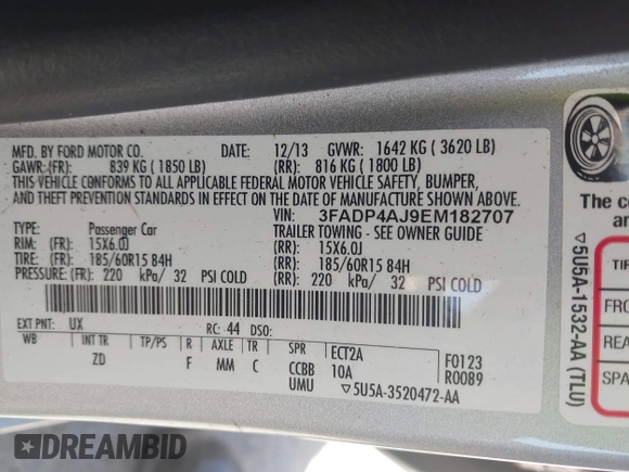2014 Ford Fiesta S with VIN 3FADP4AJ9EM182707, listed as a IAAI auction lot 42264724 with 149,051 mi miles and . Bid and sale history available at DreamBid. Image 9.