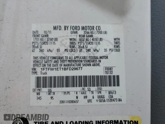 2011 Ford F-150 XLT with VIN 1FTFW1ET1BFD29677, listed as a Copart auction lot 54727835 with 155,367 mi miles and Salvage title. Bid and sale history available at DreamBid. Image 12.