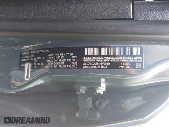 2017 Jeep Renegade Latitude with VIN ZACCJABB4HPF76064, listed as a IAAI auction lot 42525583 with 115,970 mi miles and . Bid and sale history available at DreamBid. Image 9.