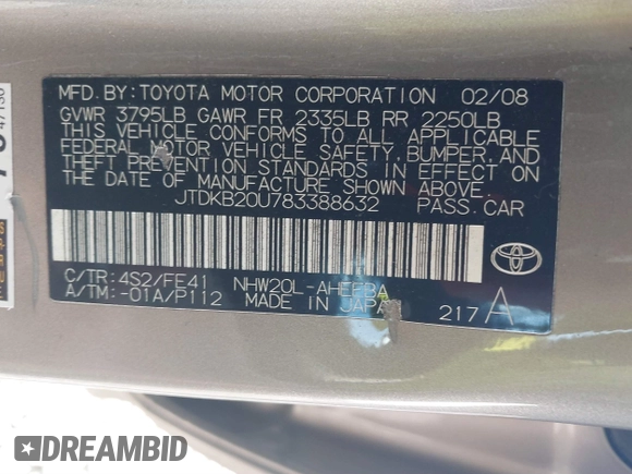 2008 Toyota Prius with VIN JTDKB20U783388632, listed as a IAAI auction lot 41885250 with 183,074 mi miles. Bid and sale history available at carsss.com. Image 9.