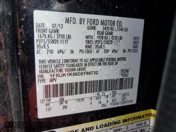 2013 Ford Expedition Max Limited z VIN 1FMJK1K56DEF66732, wystawiony jako Copart lot #85289994 z przebiegiem 224 098 mil mil oraz Nie do naprawy • Non repairable. Historia ofert i sprzedaży dostępna na DreamBid. Obrazek 13.