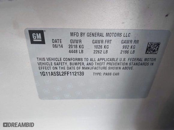 2015 Chevrolet Malibu LS with VIN 1G11A5SL2FF112139, listed as a IAAI auction lot 41373409 with 176,296 mi miles. Bid and sale history available at carsss.com. Image 9.