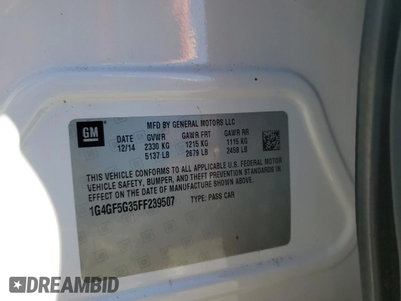 2015 Buick LaCrosse Premium II with VIN 1G4GF5G35FF239507, listed as a Copart auction lot 85702894 with 167,077 mi miles and Salvage Title. Bid and sale history available at DreamBid. Image 15.