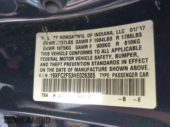2017 Honda Civic LX z VIN 19XFC2F53HE026305, wystawiony jako IAAI lot #41216663 z przebiegiem 108 323 mil mil oraz . Historia ofert i sprzedaży dostępna na DreamBid. Obrazek 9.