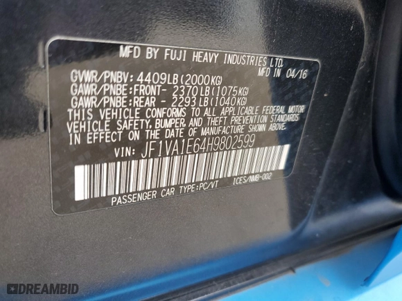 2017 Subaru WRX Premium with VIN JF1VA1E64H9802599, listed as a Copart auction lot 45592575 with 179,945 mi miles and Salvage Title. Bid and sale history available at carsss.com. Image 13.