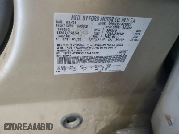 2001 Ford F-350 XL with VIN 1FTSW30F71ED41249, listed as a Copart auction lot 61349015 with Not provided miles and Salvage title. Bid and sale history available at DreamBid. Image 13.