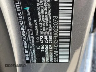 2015 Mercedes-Benz C 300 Luxury with VIN 55SWF4KB3FU022078, listed as a Copart auction lot 52829375 with 98,288 mi miles and Clean Title. Bid and sale history available at carsss.com. Image 12.