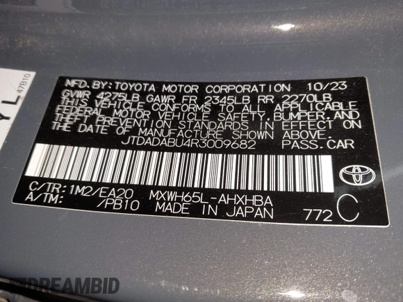 2024 Toyota Prius LE with VIN JTDADABU4R3009682, listed as a IAAI auction lot 41539838 with 12,590 mi miles. Bid and sale history available at carsss.com. Image 9.