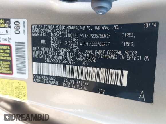 2015 Toyota Sienna L с VIN 5TDZK3DC6FS543494, выставлен на аукционе IAAI как лот 40984941 с пробегом 146 352 миль миль и . История ставок и продаж доступна на DreamBid. Изображение 9.