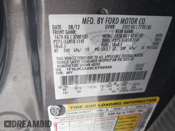 2012 Ford Expedition Max Limited с VIN 1FMJK2A59CEF66956, выставлен на аукционе IAAI как лот 41885163 с пробегом 187 233 миль миль и . История ставок и продаж доступна на DreamBid. Изображение 9.