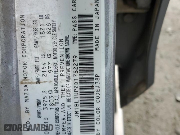 2013 Mazda 3 i Sport with VIN JM1BL1UP2D1782279, listed as a Copart auction lot 87005274 with 114,025 mi miles and Salvage title. Bid and sale history available at DreamBid. Image 12.