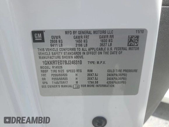 2011 GMC Acadia Denali with VIN 1GKKRTED7BJ248310, listed as a Copart auction lot 52164775 with 202,754 mi miles and Non Repairable. Bid and sale history available at DreamBid. Image 13.