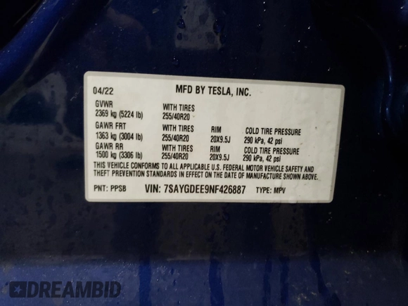 2022 Tesla Model Y Long Range with VIN 7SAYGDEE9NF426887, listed as a Copart auction lot 49910725 with 47,379 mi miles and Salvage Title. Bid and sale history available at carsss.com. Image 12.
