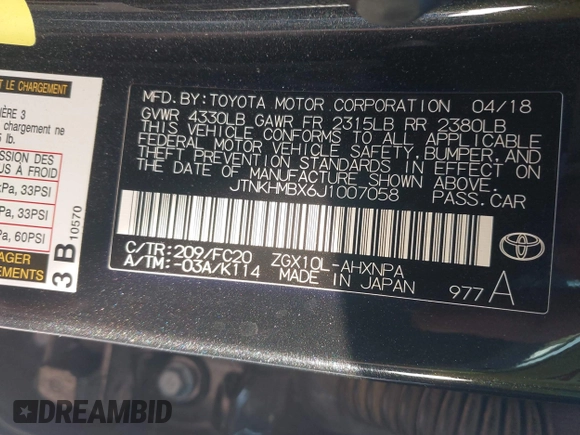2018 Toyota C-HR XLE with VIN JTNKHMBX6J1007058, listed as a IAAI auction lot 42100587 with 71,725 mi miles and . Bid and sale history available at DreamBid. Image 9.