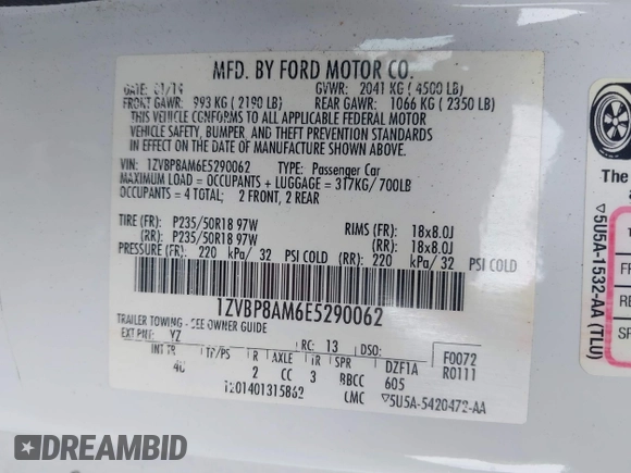 2014 Ford Mustang V6 with VIN 1ZVBP8AM6E5290062, listed as a IAAI auction lot 42341184 with 85,272 mi miles and . Bid and sale history available at DreamBid. Image 9.