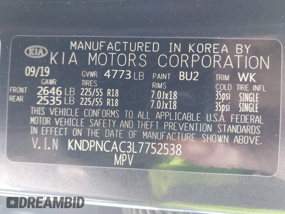 2020 Kia Sportage EX with VIN KNDPNCAC3L7752538, listed as a IAAI auction lot 42060920 with 68,740 mi miles and . Bid and sale history available at DreamBid. Image 9.