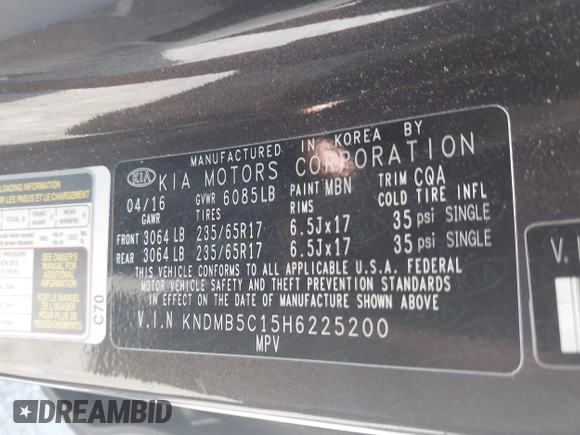 2017 Kia Sedona LX with VIN KNDMB5C15H6225200, listed as a IAAI auction lot 41929710 with 144,461 mi miles. Bid and sale history available at carsss.com. Image 9.