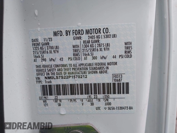 2023 Ford Transit Connect XL с VIN NM0LS7S22P1570212, выставлен на аукционе IAAI как лот 41855867 с пробегом 35 579 миль миль и . История ставок и продаж доступна на DreamBid. Изображение 9.