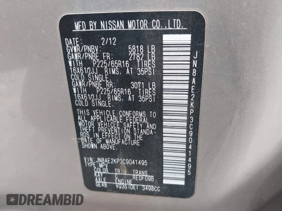 2012 Nissan Quest SL with VIN JN8AE2KP3C9041495, listed as a IAAI auction lot 40862428 with 204,371 mi miles. Bid and sale history available at carsss.com. Image 9.