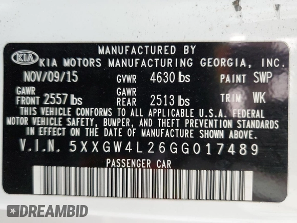 2016 Kia Optima SX Turbo with VIN 5XXGW4L26GG017489, listed as a Copart auction lot 42592995 with 120,423 mi miles and Salvage Title. Bid and sale history available at carsss.com. Image 12.