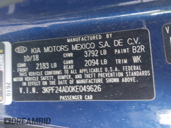 2019 Kia Forte LXS with VIN 3KPF24AD0KE049626, listed as a IAAI auction lot 42018286 with 141,619 mi miles and . Bid and sale history available at DreamBid. Image 9.
