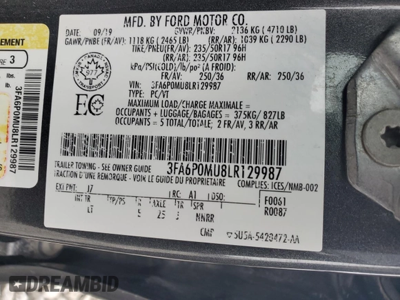 2020 Ford Fusion Hybrid SEL with VIN 3FA6P0MU8LR129987, listed as a Copart auction lot 81168764 with 96,162 mi miles and Salvage Title. Bid and sale history available at carsss.com. Image 12.