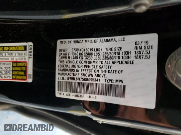 2019 Honda Odyssey EX-L z VIN 5FNRL6H75KB095341, wystawiony jako Copart lot #56563125 z przebiegiem 33 803 mil mil oraz Szkoda całkowita • Salvage title. Historia ofert i sprzedaży dostępna na DreamBid. Obrazek 13.