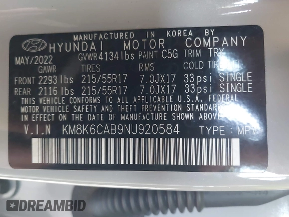 2022 Hyundai Kona SEL with VIN KM8K6CAB9NU920584, listed as a IAAI auction lot 42028170 with Not Provided miles and . Bid and sale history available at DreamBid. Image 9.