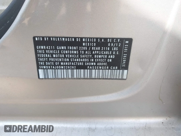 2013 Volkswagen Jetta SE с VIN 3VWDX7AJ0DM226262, выставлен на аукционе IAAI как лот 41622394 с пробегом 153 084 миль миль и . История ставок и продаж доступна на DreamBid. Изображение 9.