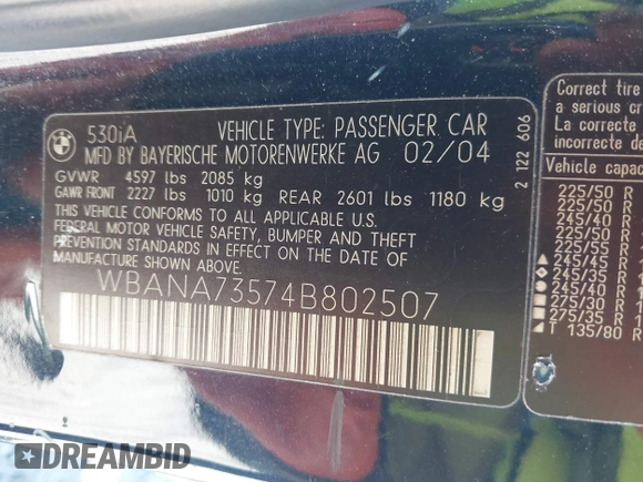 2004 BMW 5 Series 530i with VIN WBANA73574B802507, listed as a IAAI auction lot 41627786 with 226,192 mi miles and . Bid and sale history available at carsss.com. Image 9.