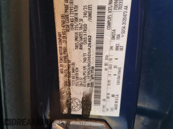 2013 Ford Escape SE с VIN 1FMCU9GX6DUA26492, выставлен на аукционе Copart как лот 84568214 с пробегом Не указан миль и Списание • Salvage title. История ставок и продаж доступна на DreamBid. Изображение 13.