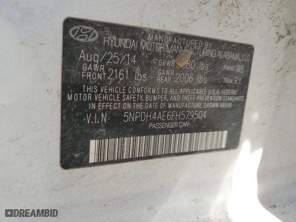 2015 Hyundai Elantra Limited with VIN 5NPDH4AE6FH579504, listed as a Copart auction lot 43042535 with 71,604 mi miles and Salvage Title. Bid and sale history available at carsss.com. Image 14.
