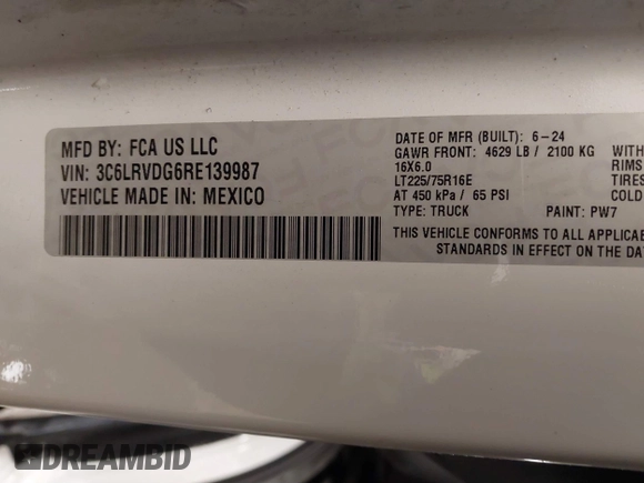 2024 Ram ProMaster Cargo Tradesman with VIN 3C6LRVDG6RE139987, listed as a IAAI auction lot 41597585 with 13,041 mi miles and . Bid and sale history available at DreamBid. Image 8.