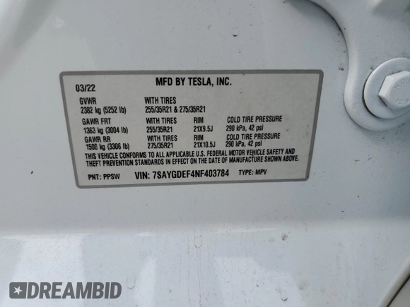 2022 Tesla Model Y Performance с VIN 7SAYGDEF4NF403784, выставлен на аукционе Copart как лот 53392595 с пробегом 51 023 миль миль и Списание • Salvage title. История ставок и продаж доступна на DreamBid. Изображение 14.