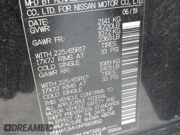 2019 Nissan Rogue S with VIN KNMAT2MV0KP560852, listed as a Copart auction lot 50468875 with 88,117 mi miles and Salvage Title. Bid and sale history available at carsss.com. Image 13.