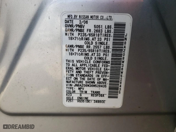 2006 Nissan Murano SL with VIN JN8AZ08W36W528435, listed as a Copart auction lot 51998144 with 159,395 mi miles and Salvage Title. Bid and sale history available at carsss.com. Image 13.