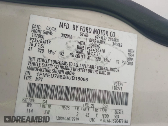 2006 Ford Explorer Limited with VIN 1FMEU75826UB15066, listed as a IAAI auction lot 42460453 with 240,095 mi miles and . Bid and sale history available at DreamBid. Image 9.