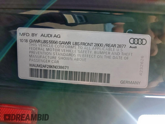 2019 Audi A6 Prestige with VIN WAUM2AF28KN038671, listed as a Copart auction lot 61748845 with 88,718 mi miles and Salvage title. Bid and sale history available at DreamBid. Image 13.