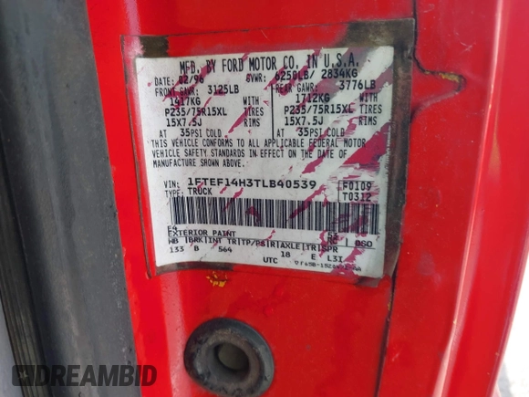 1996 Ford F-150 с VIN 1FTEF14H3TLB40539, выставлен на аукционе IAAI как лот 42499986 с пробегом Не указан миль и . История ставок и продаж доступна на DreamBid. Изображение 9.