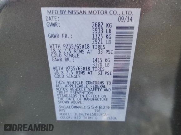 2014 Infiniti QX60 с VIN 5N1AL0MM4EC554829, выставлен на аукционе Copart как лот 52936825 с пробегом Не указан миль и Чистый • Clean title. История ставок и продаж доступна на DreamBid. Изображение 14.