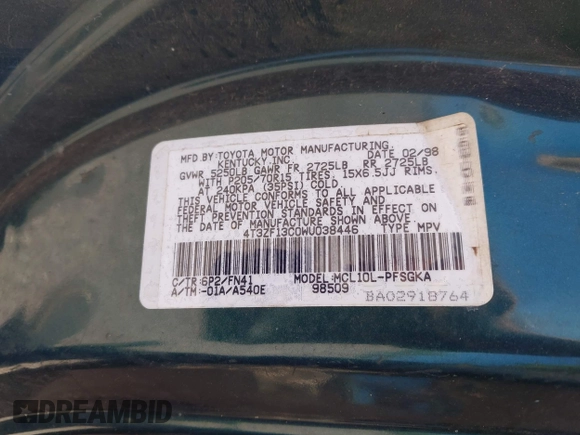 1998 Toyota Sienna LE с VIN 4T3ZF13C0WU038446, выставлен на аукционе IAAI как лот 42038331 с пробегом 228 832 миль миль и . История ставок и продаж доступна на DreamBid. Изображение 9.