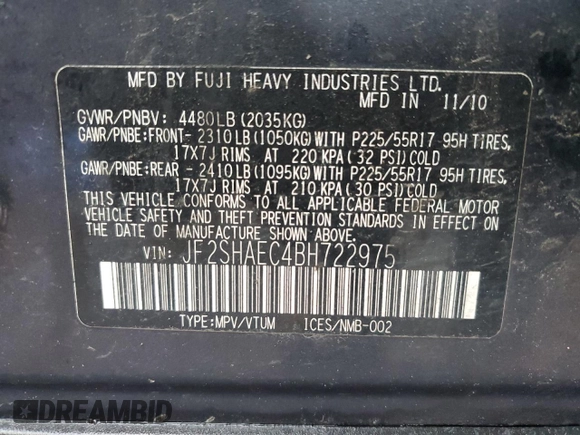 2011 Subaru Forester X Limited with VIN JF2SHAEC4BH722975, listed as a Copart auction lot 58739375 with 165,591 mi miles and Salvage title. Bid and sale history available at DreamBid. Image 13.