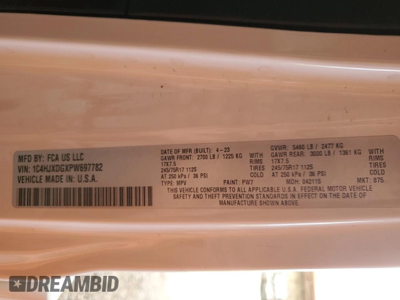 2023 Jeep Wrangler Sport with VIN 1C4HJXDGXPW697782, listed as a Copart auction lot 46709525 with 16,147 mi miles and Clean Title. Bid and sale history available at DreamBid. Image 13.