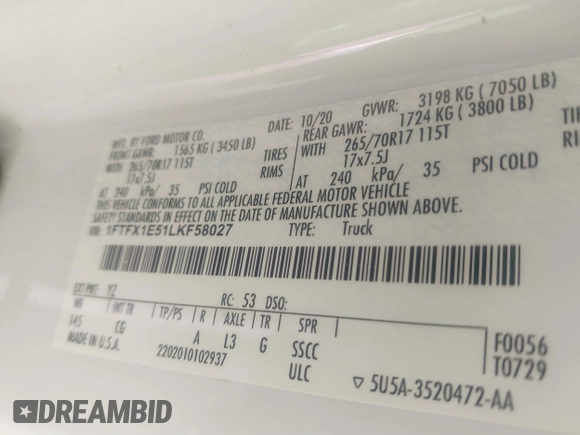 2020 Ford F-150 XL with VIN 1FTFX1E51LKF58027, listed as a IAAI auction lot 41207102 with 162,736 mi miles and . Bid and sale history available at DreamBid. Image 9.
