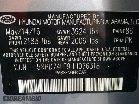 2017 Hyundai Elantra SE with VIN 5NPD74LF9HH076318, listed as a Copart auction lot 58965025 with 73,032 mi miles and Salvage title. Bid and sale history available at DreamBid. Image 13.