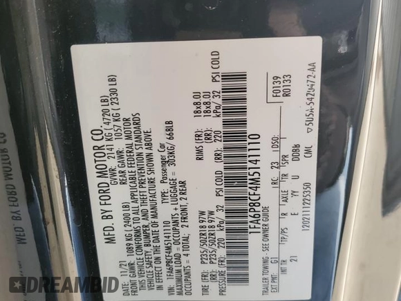 2021 Ford Mustang GT with VIN 1FA6P8CF4M5141110, listed as a Copart auction lot 54271825 with 61,451 mi miles and Salvage title. Bid and sale history available at DreamBid. Image 12.