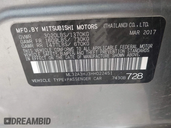 2017 Mitsubishi Mirage ES with VIN ML32A3HJ3HH022451, listed as a IAAI auction lot 42268192 with 45,565 mi miles and . Bid and sale history available at DreamBid. Image 9.