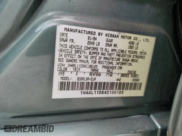 2004 Nissan Altima S with VIN 1N4AL11D54C195123, listed as a Copart auction lot 55023245 with 172,729 mi miles and Salvage title. Bid and sale history available at DreamBid. Image 12.